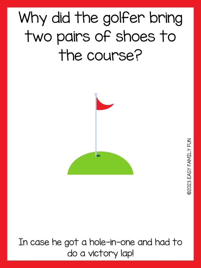 golf green with red flag in hole with red border and a golf riddle