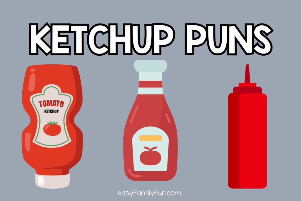 3 different containers of ketchup on gray background with white text "ketchup puns"