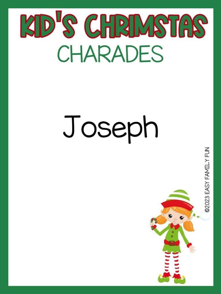 girl elf in green shirt with striped tights in bottom right corner with green border and kid's Christmas charades in red and green with black text with Kid's Christmas charade idea