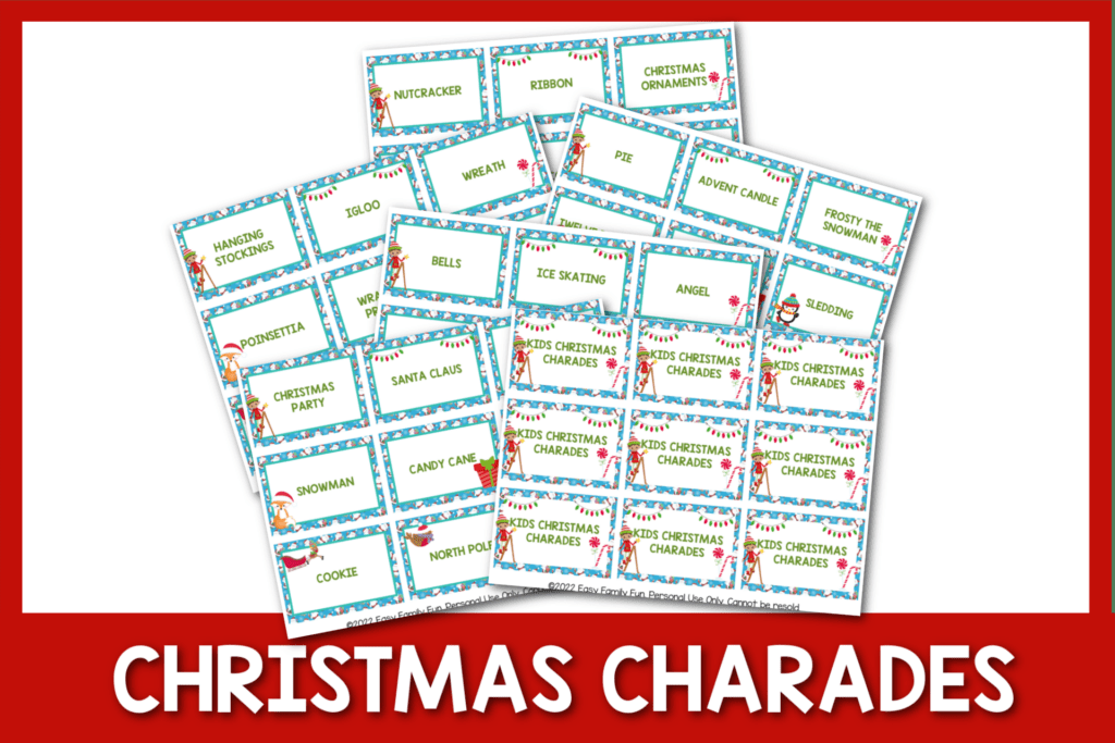 red border with white background, with images of christmas charades cards