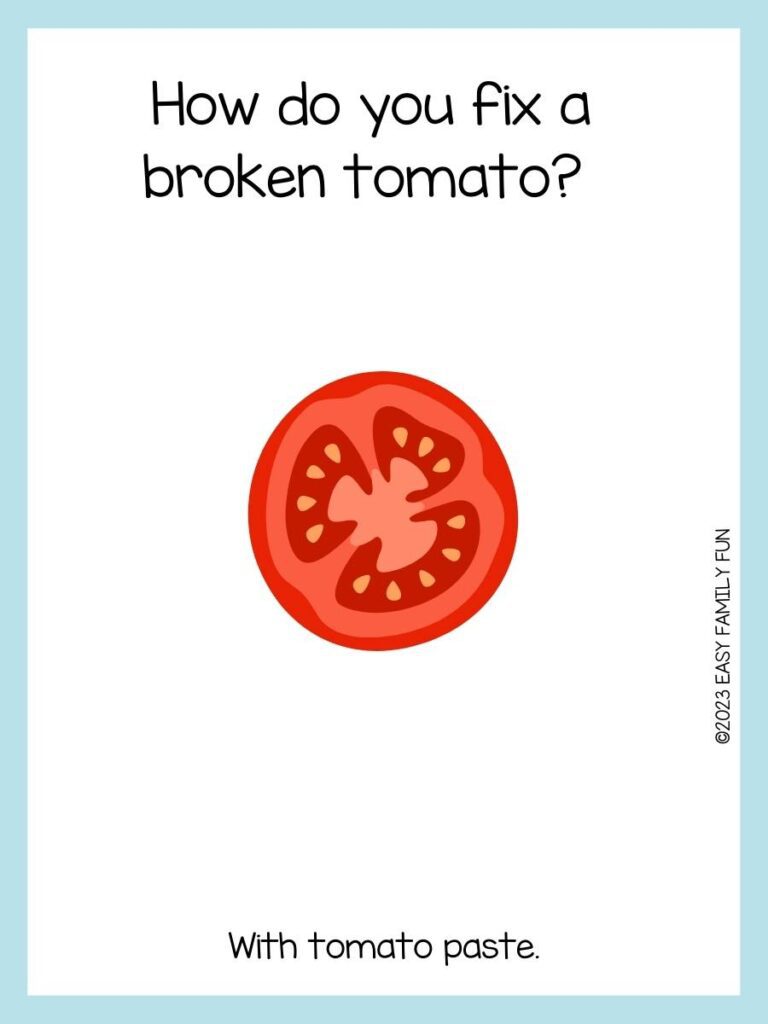 tomato joke with a tomato that is cut in half and we can see the seeds inside with a blue background.