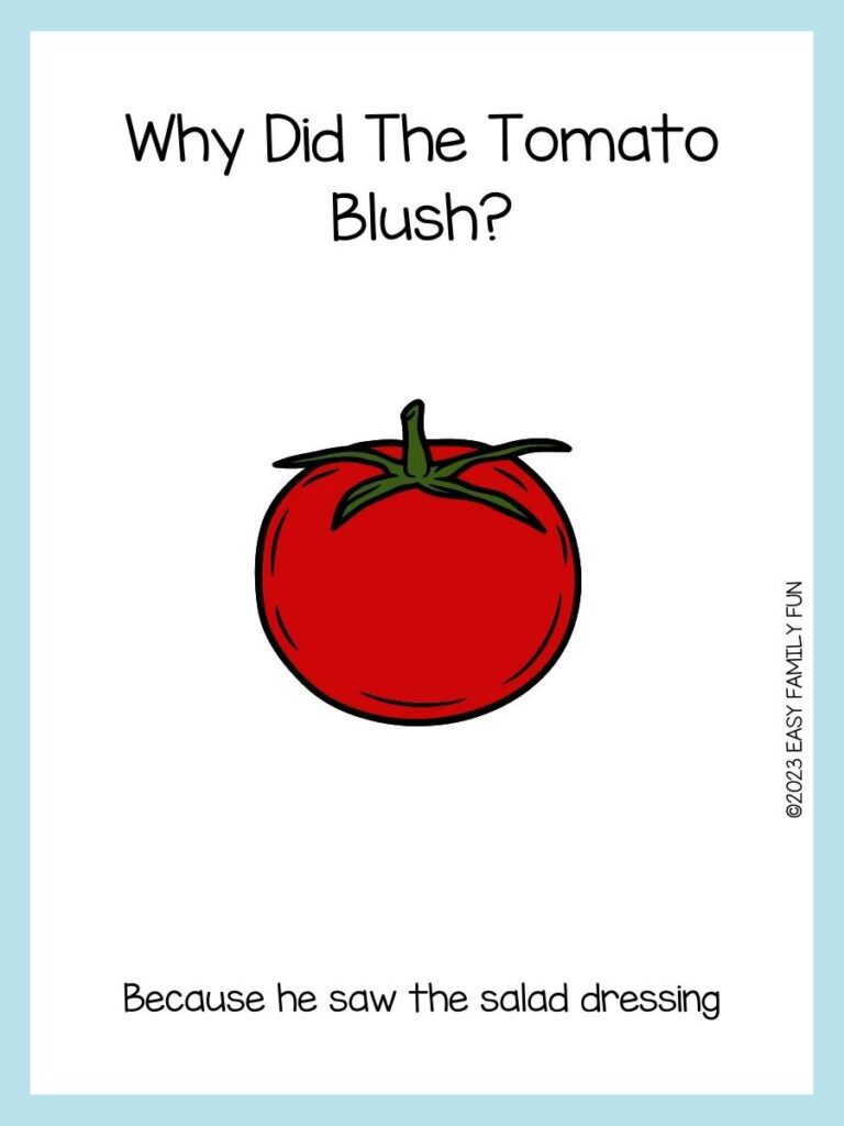 tomato joke with a whole tomato with a green stem and leaves with a blue border.