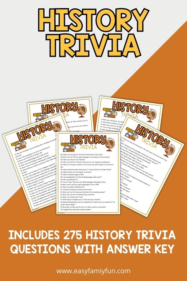 trivia mockup image with grey and orange background, bold yellow title stating "History Trivia", and images of trivia printables