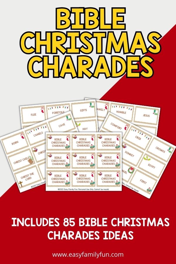 mockup image with white and red background, images of bible christmas charades, and bold yellow text stating "Bible Christmas Charades"