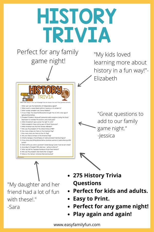 trivia mockup image with white background, yellow border, bold blue title stating "History Trivia", image of trivia printable, and reviews about the trivia. 