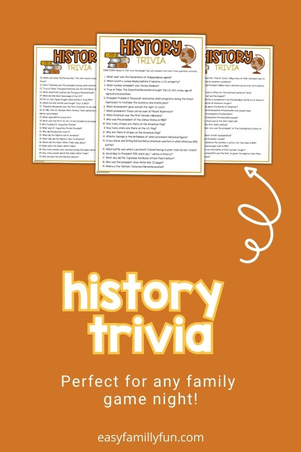 trivia mockup image with orange background, bold white title stating "History Trivia", and images of trivia printables
