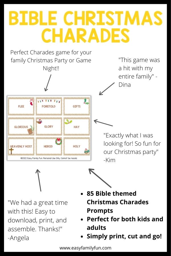 mockup image with white background, black border, image of bible christmas charades surrounded by reviews of the product, and bold yellow text stating "Bible Christmas Charades"