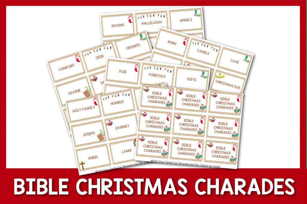 featured image with white background, red border, images of bible christmas charades, and bold white text stating "Bible Christmas Charades"
