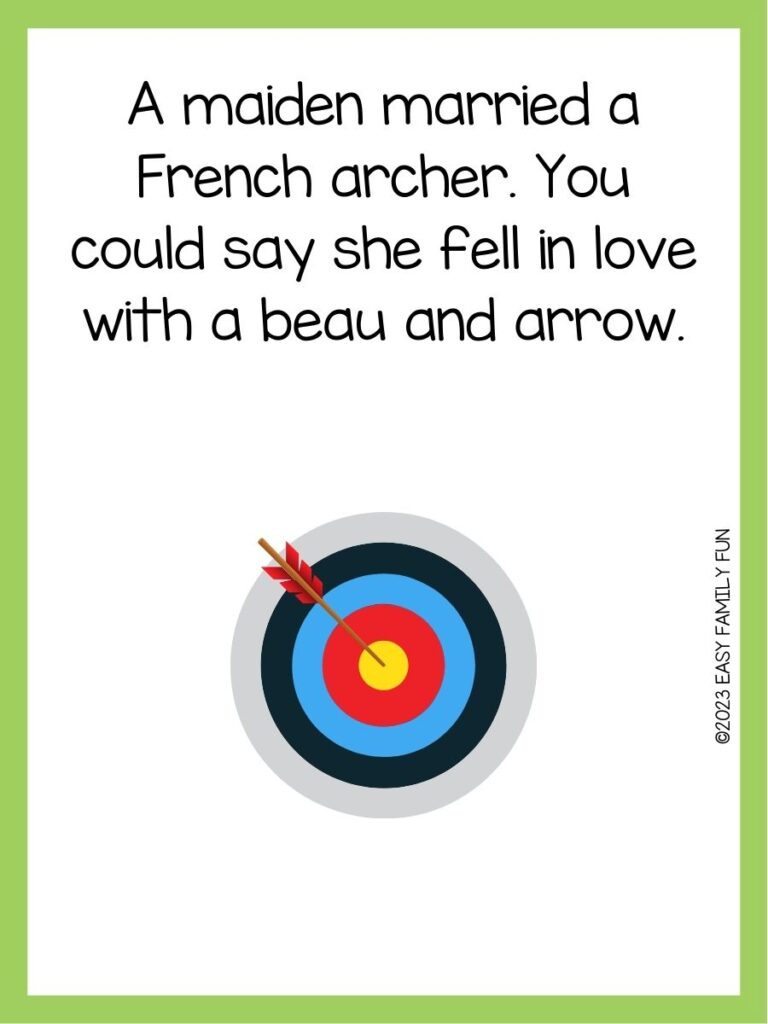 in post image with white background, green boarder, text of an archery pun and an image of a target with an arrow