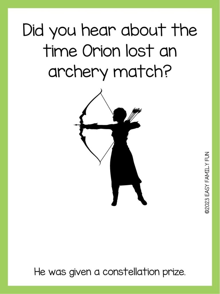 in post image with white background, green boarder, text of an archery pun and an image of a woman shooting an arrow from a bow