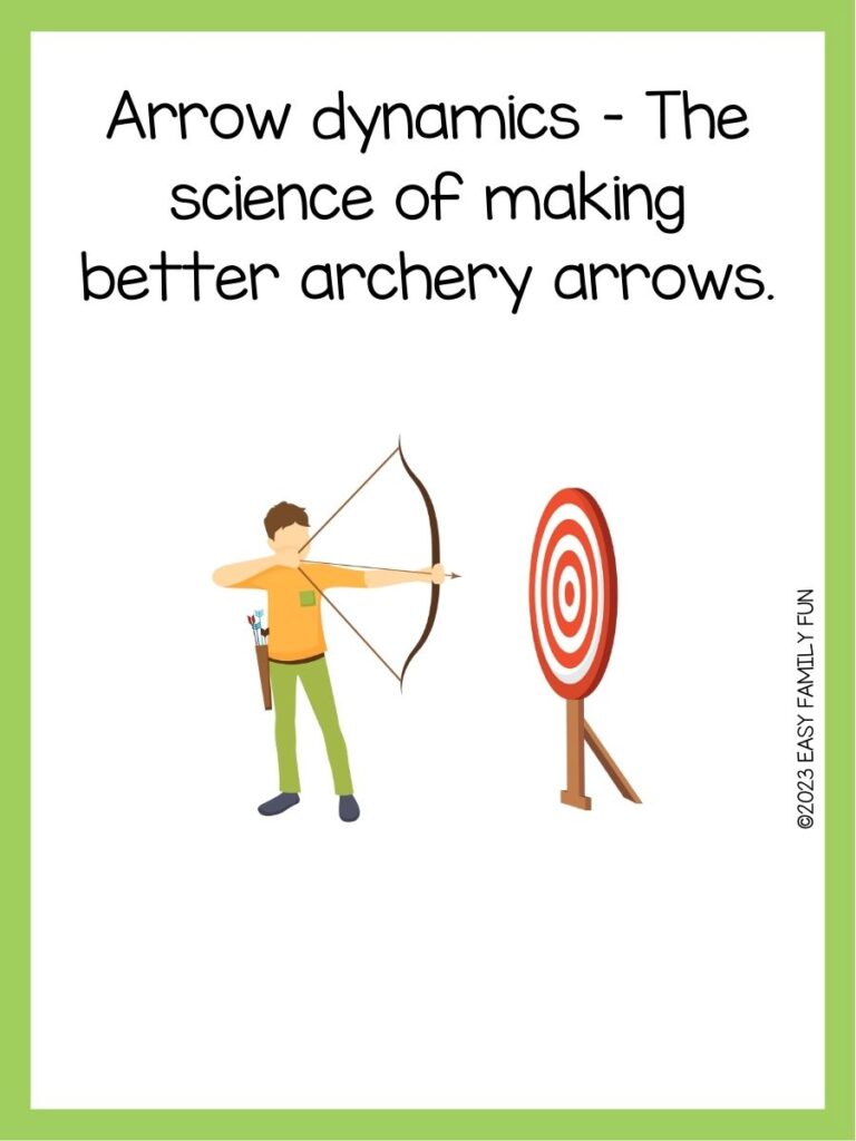 in post image with white background, green boarder, text of an archery pun and an image of a man shooting a target with an arrow