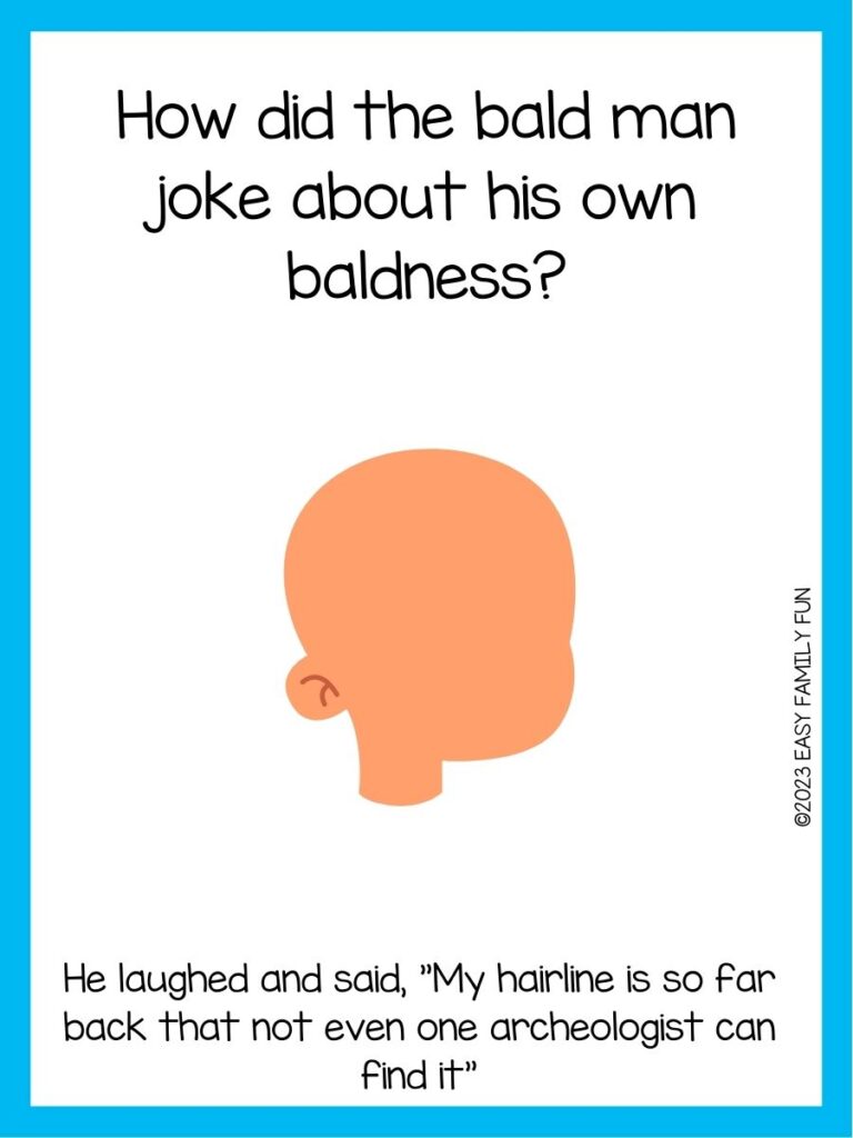 in post image with white background, blue border, text of a bald joke and an image of a bald person