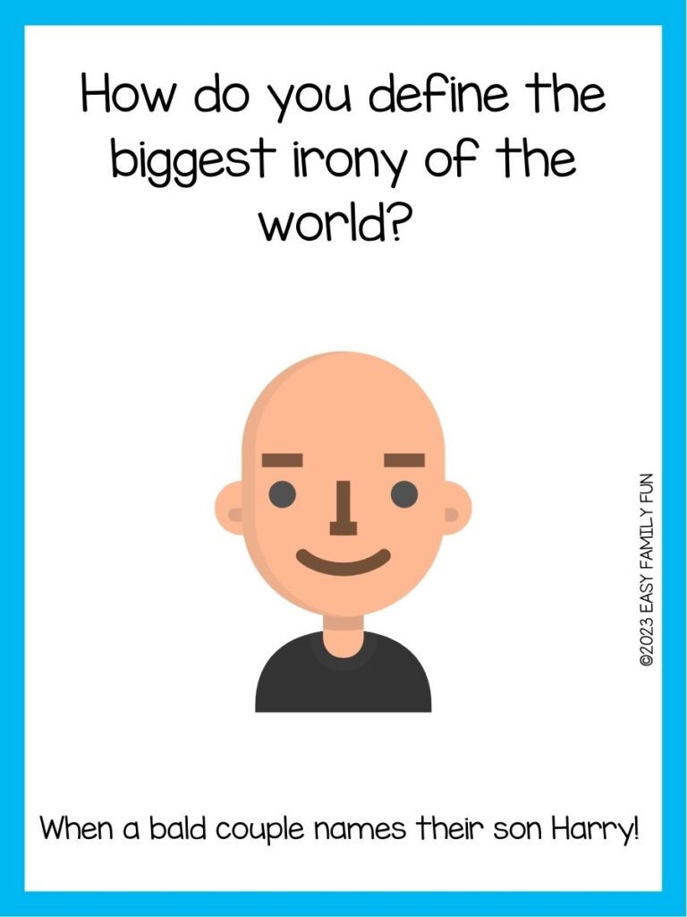 in post image with white background, blue border, text of a bald joke and an image of a bald person