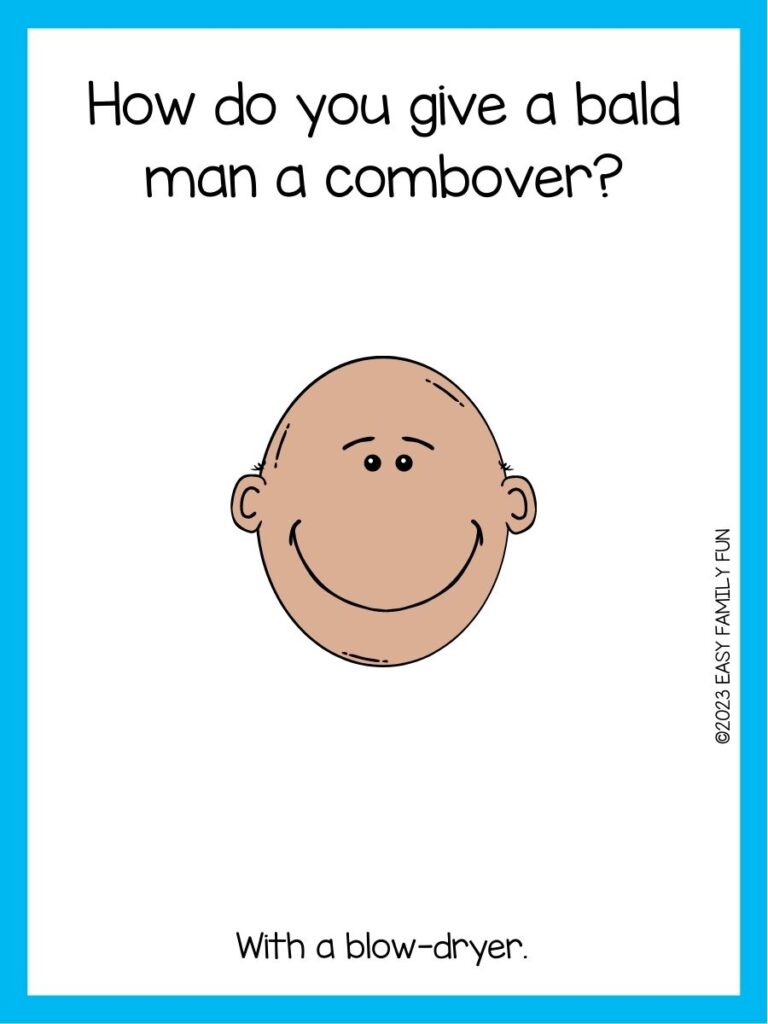 in post image with white background, blue border, text of a bald joke and an image of a bald person