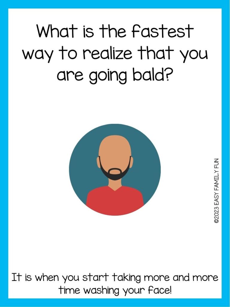 in post image with white background, blue border, text of a bald joke and an image of a bald person