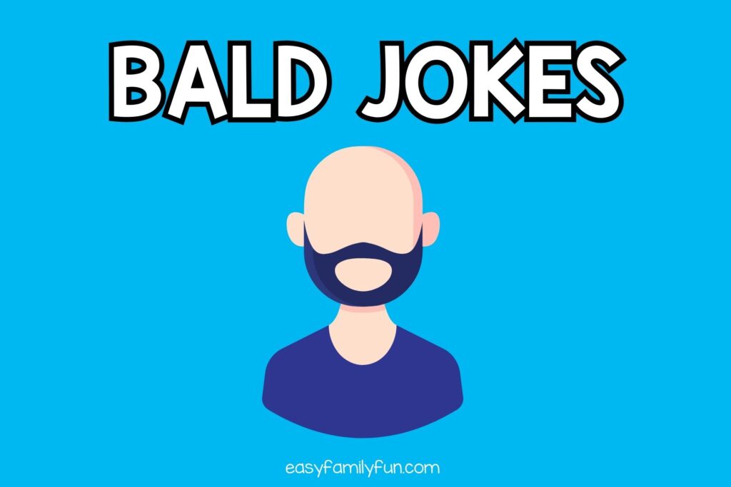 featured image with blue background, bold white text stating "Bald Jokes" and an image of a bald man with facial hair