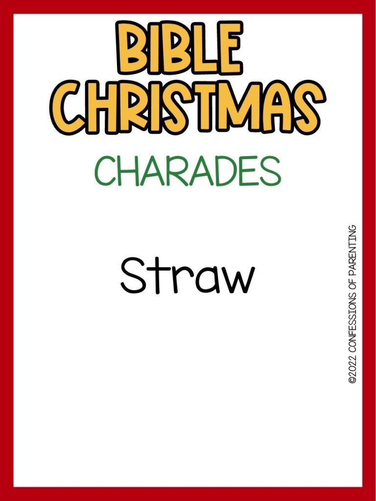 in post image with white background, red border, bold yellow and green text stating "Bible Christmas Charades" and bible Christmas charades example word