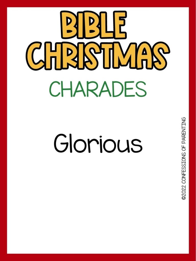 in post image with white background, red border, bold yellow and green text stating "Bible Christmas Charades" and bible Christmas charades example word