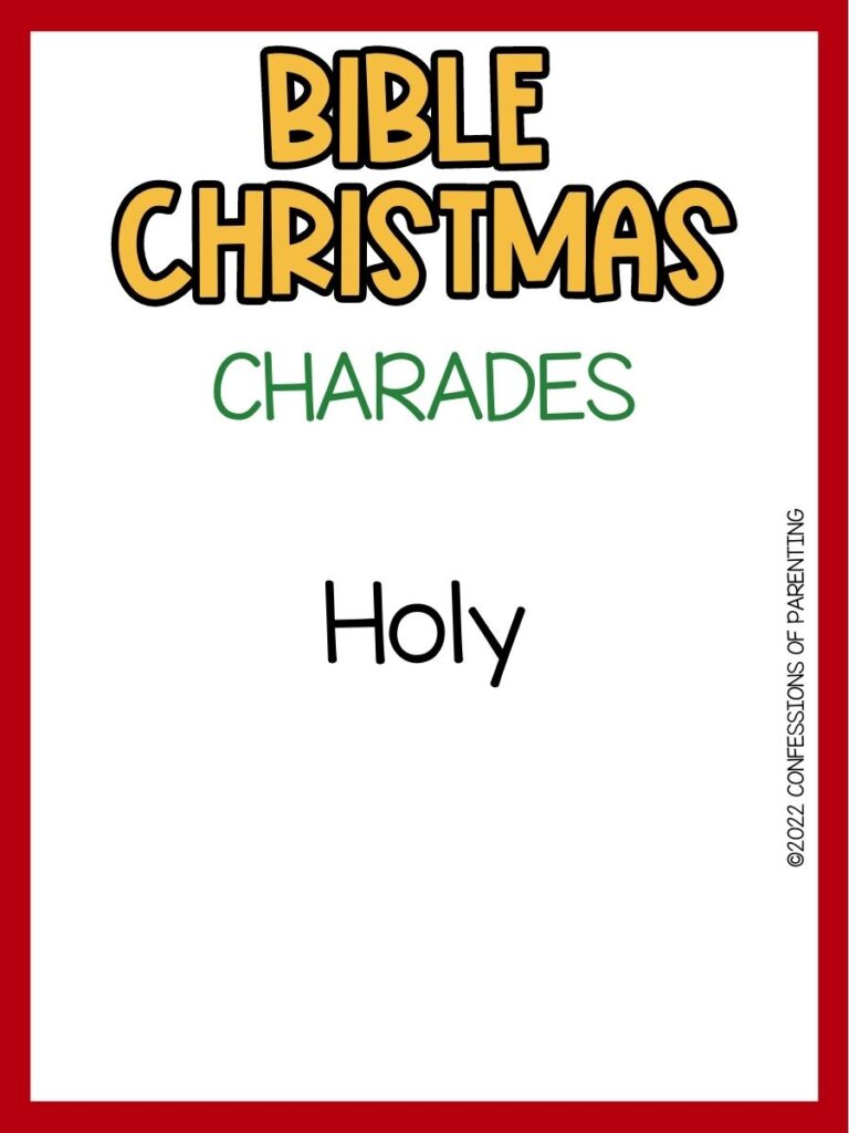 in post image with white background, red border, bold yellow and green text stating "Bible Christmas Charades" and bible Christmas charades example word