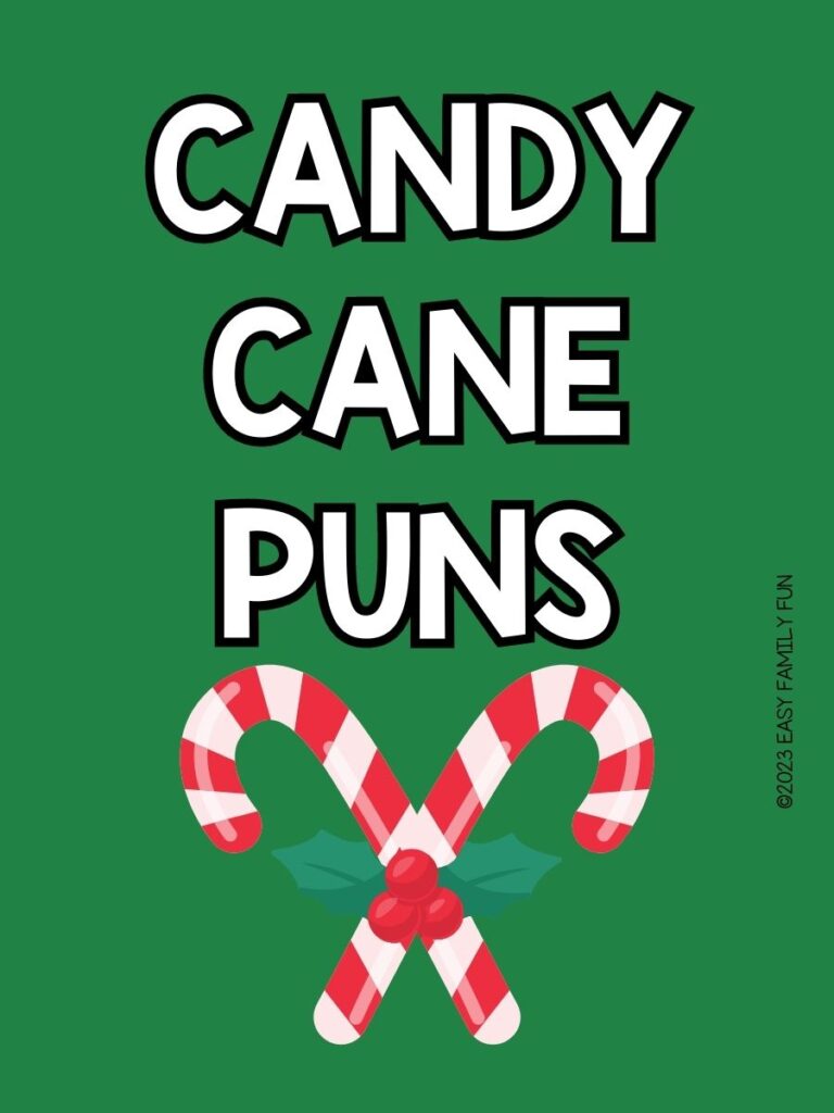 pin image with green background, bold white text stating "Candy Cane Puns" and a candy cane image. 