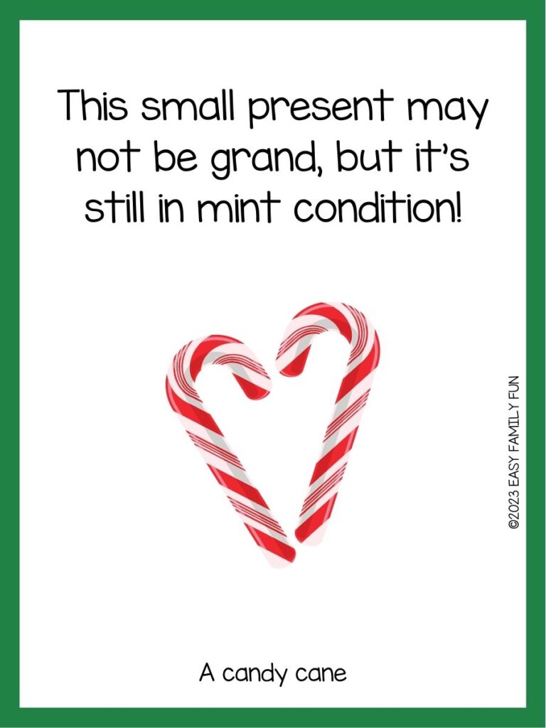 in post image with white background, green border, text of a candy cane pun and a candy cane image. 