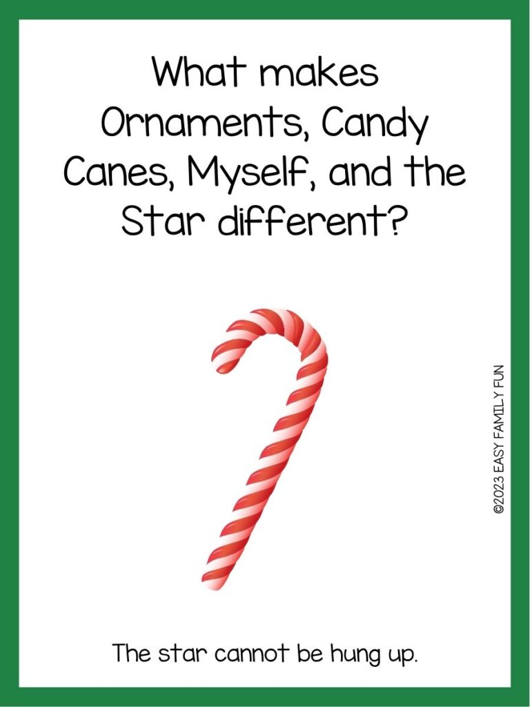 in post image with white background, green border, text of a candy cane pun and a candy cane image. 