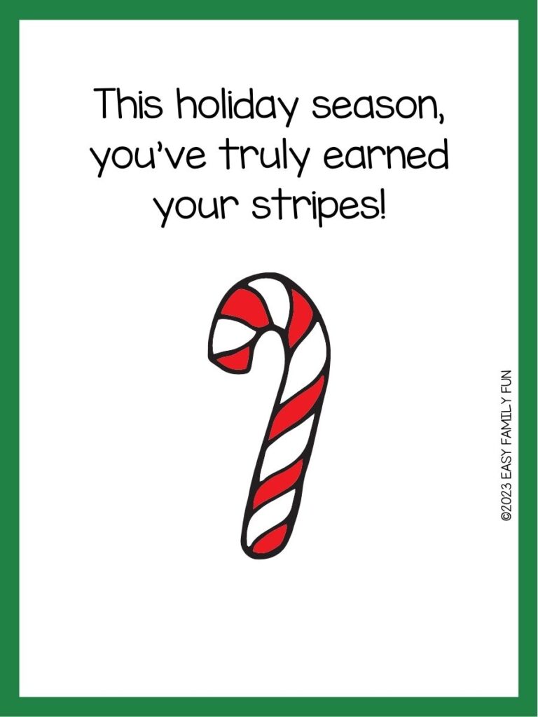 in post image with white background, green border, text of a candy cane pun and a candy cane image. 