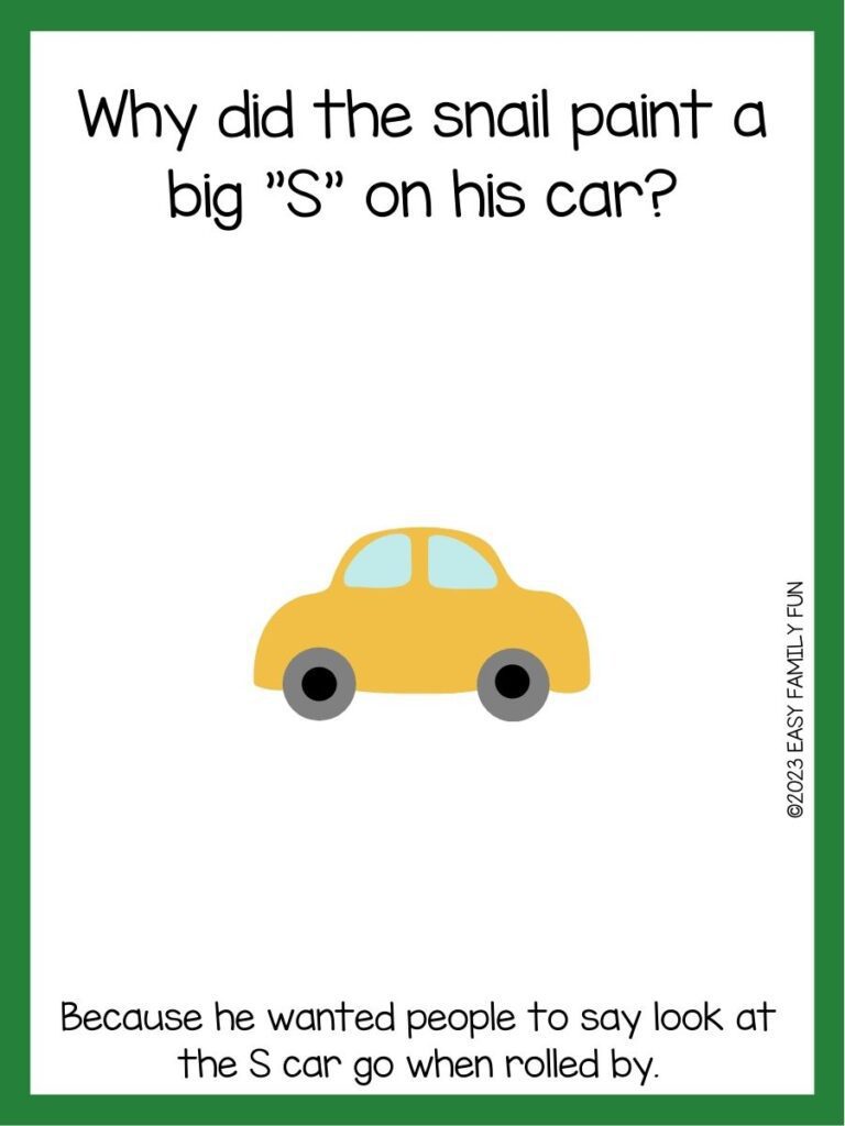 in post image with white background, green border, text of a car joke and an image of a car