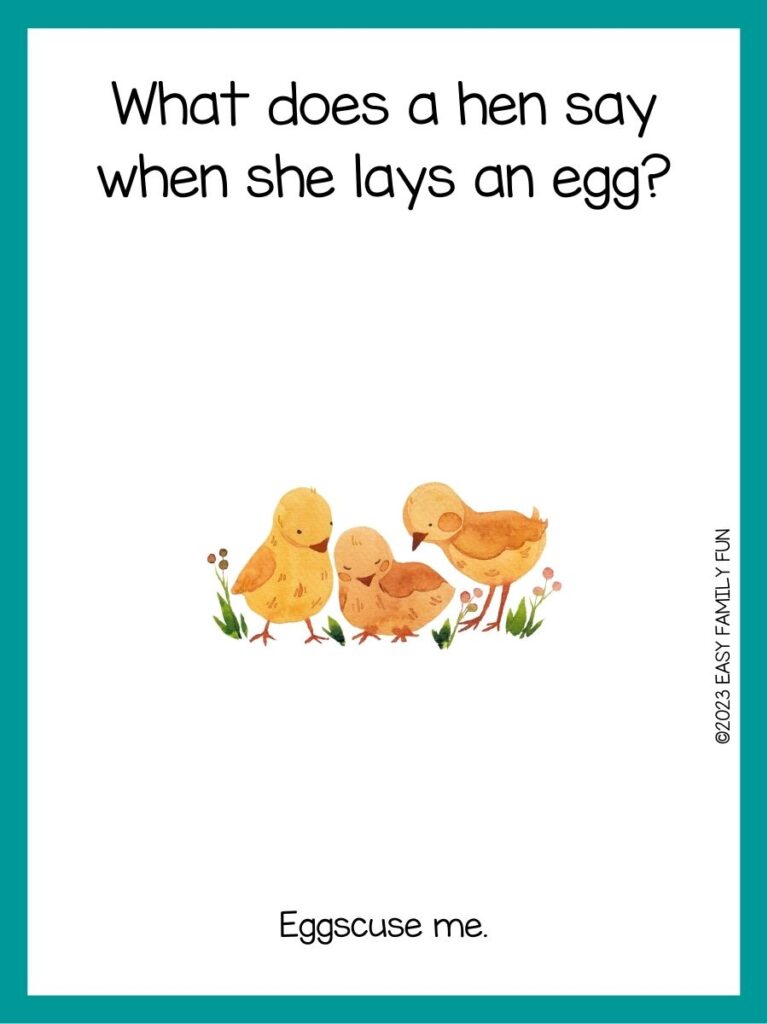 in post image with white background, teal border, text of a chicken joke and an image of three chicks