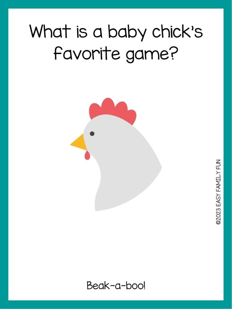 in post image with white background, teal border, text of a chicken joke and an image of a chicken