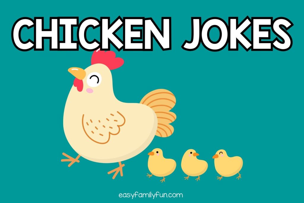 featured image with teal background, bold white text stating "Chicken Jokes" and an image of a mother chicken with her chicks. 