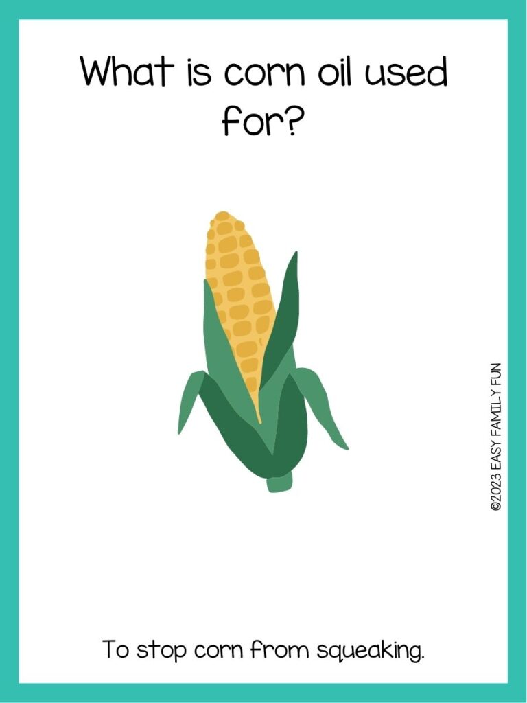 in post image with white background, teal border, text of corn joke and image of corn