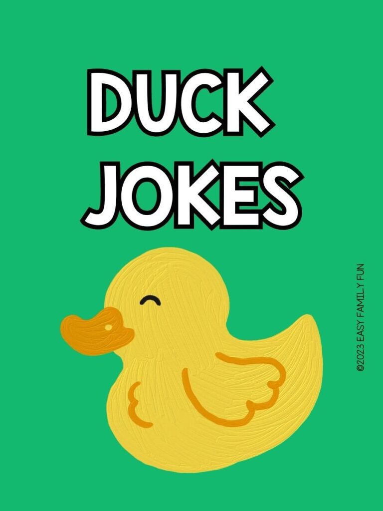 pin image with green background, bold white text stating "Duck Jokes", and an image of a duck