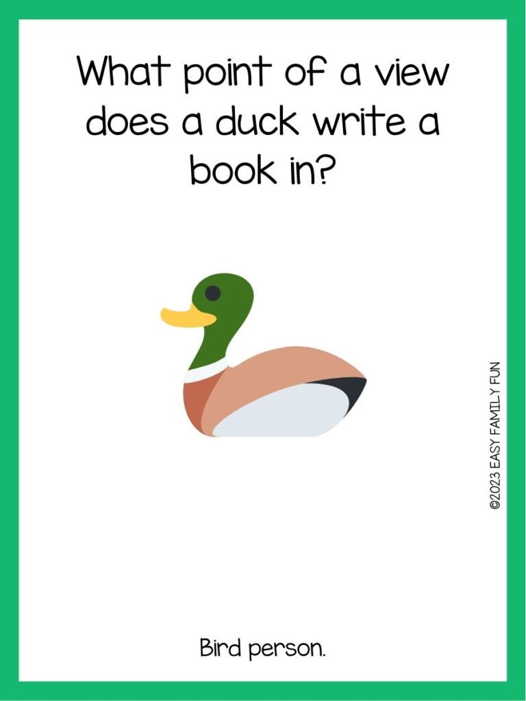 in post image with white background, green border, text of a duck joke, and an image of a duck