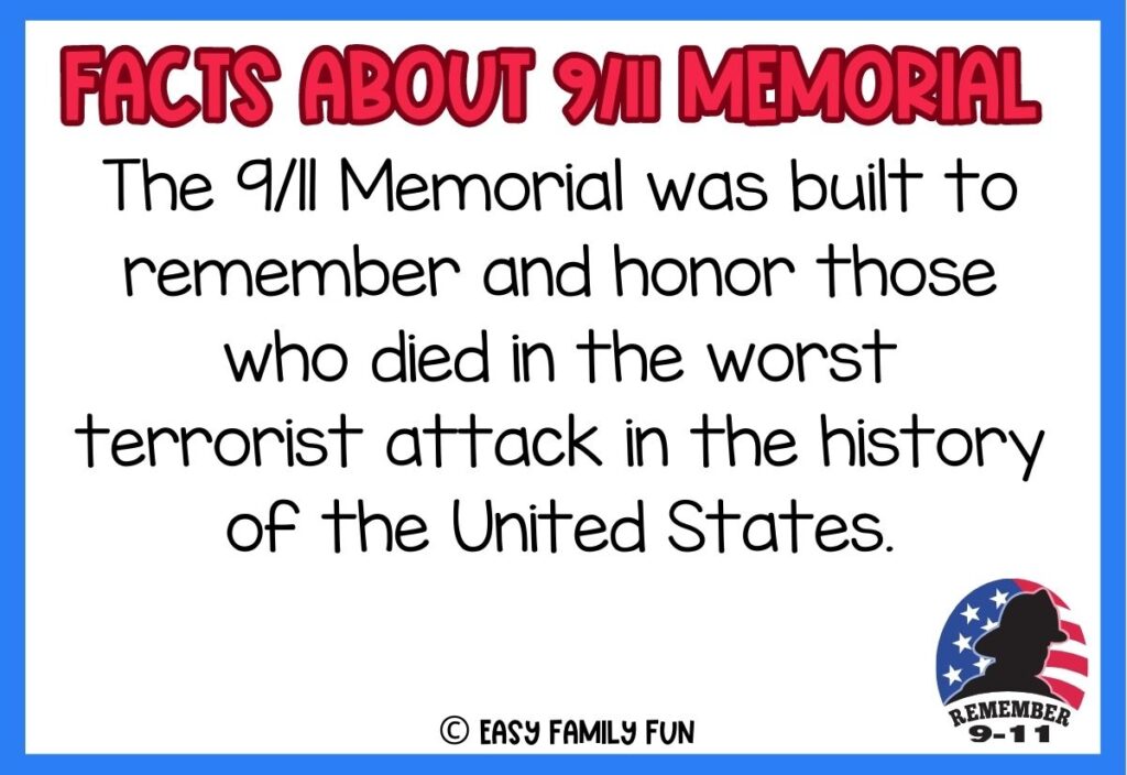 in post image with white background, blue border, bold red text stating "Facts About 9/11 Memorial", text of a fact, and image of firefighter silhouette in front of a flag