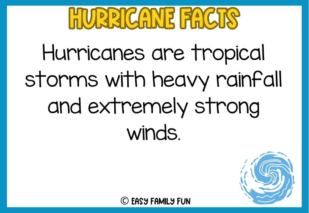 In post image with white background, blue border, bold yellow title stating "Hurricane Facts", an image of a hurricane, and a hurricane fact. 