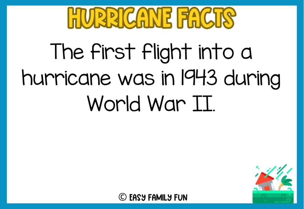 In post image with white background, blue border, bold yellow title stating "Hurricane Facts", an image of a house in a hurricane, and a hurricane fact. 