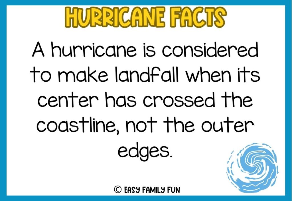 In post image with white background, blue border, bold yellow title stating "Hurricane Facts", an image of a hurricane, and a hurricane fact. 