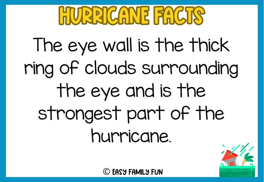 In post image with white background, blue border, bold yellow title stating "Hurricane Facts", an image of a house in a hurricane, and a hurricane fact. 