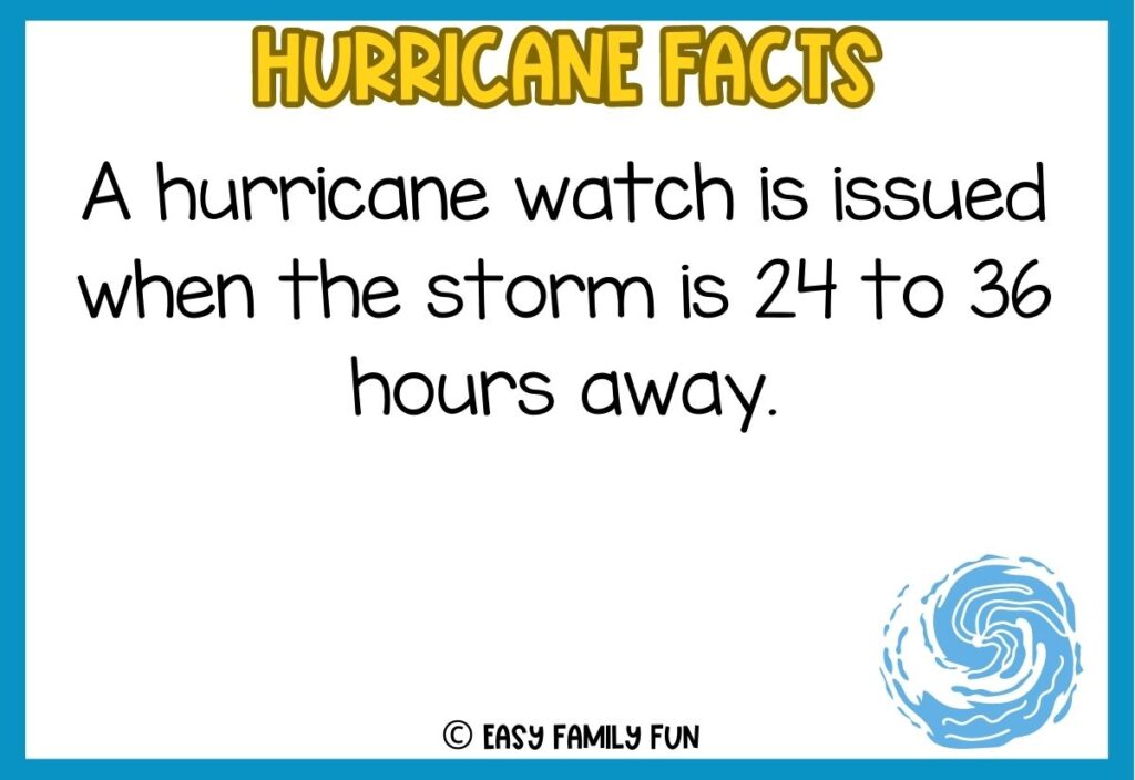 In post image with white background, blue border, bold yellow title stating "Hurricane Facts", an image of a hurricane, and a hurricane fact. 