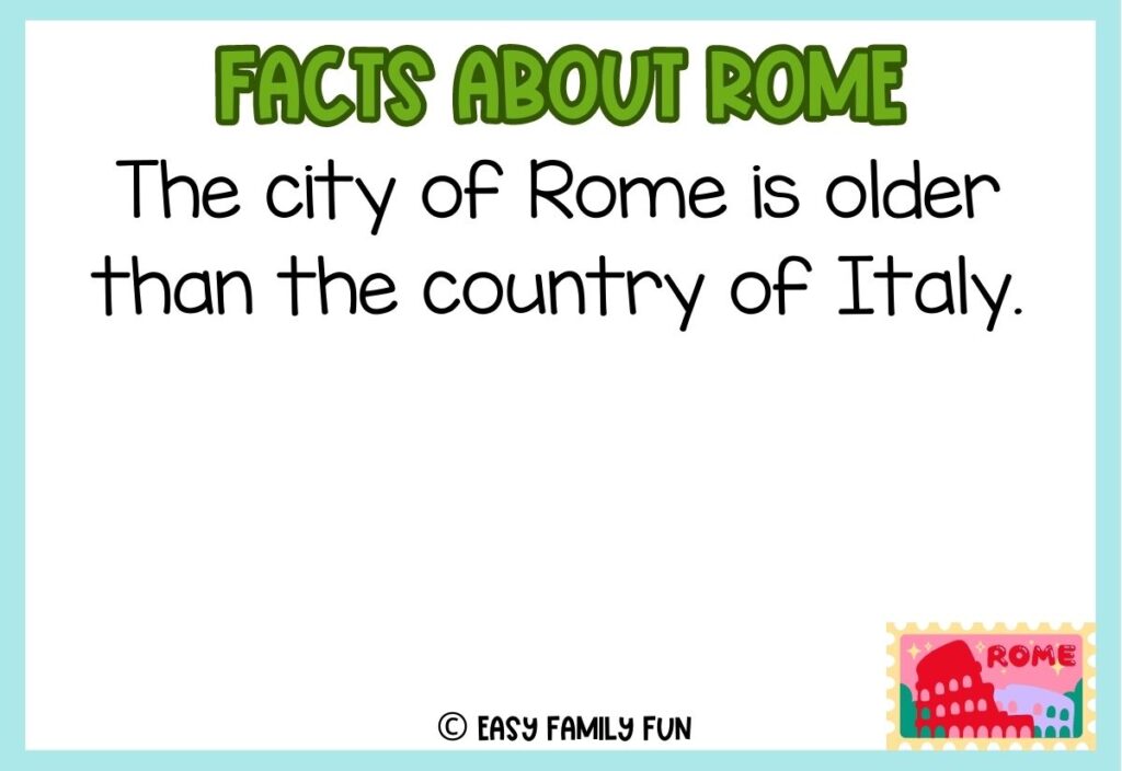 in post image with white background, blue border, green title stating "Facts About Rome", text of a fact about Rome, and an image of a stamp with Rome on it