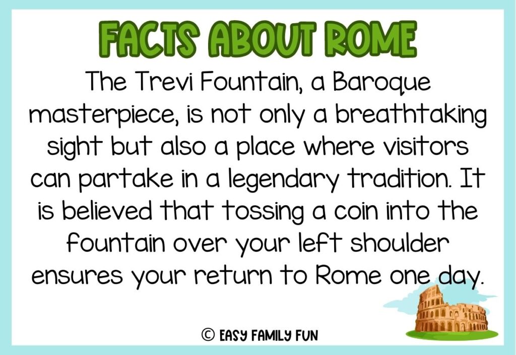 in post image with white background, blue border, green title stating "Facts About Rome", text of a fact about Rome, and an image of the Colosseum 