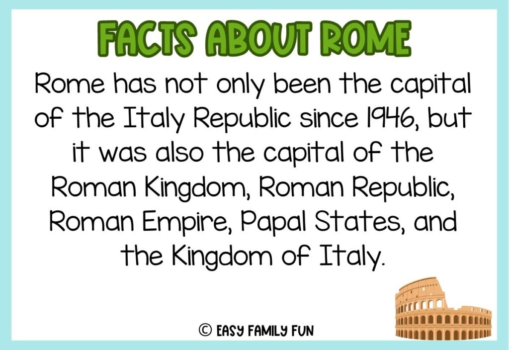 in post image with white background, blue border, green title stating "Facts About Rome", text of a fact about Rome, and an image of the Colosseum 