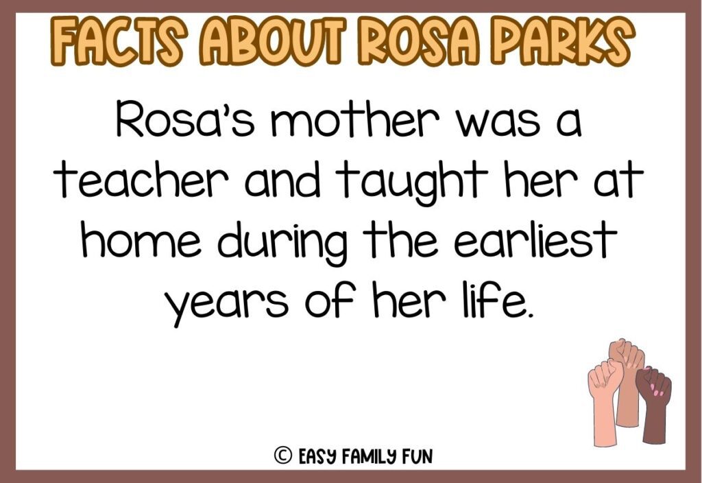 in post image with white background, brown border, yellow and brown title stating "Facts About Rosa Parks", a fact about Rosa Parks, and an image of three hands 