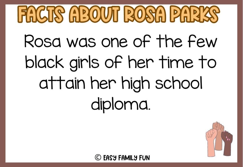 in post image with white background, brown border, yellow and brown title stating "Facts About Rosa Parks", a fact about Rosa Parks, and an image of three hands 