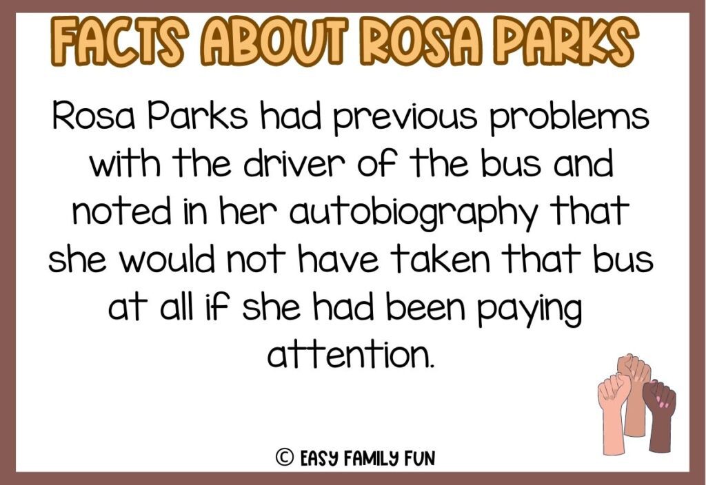 in post image with white background, brown border, yellow and brown title stating "Facts About Rosa Parks", a fact about Rosa Parks, and an image of three hands 