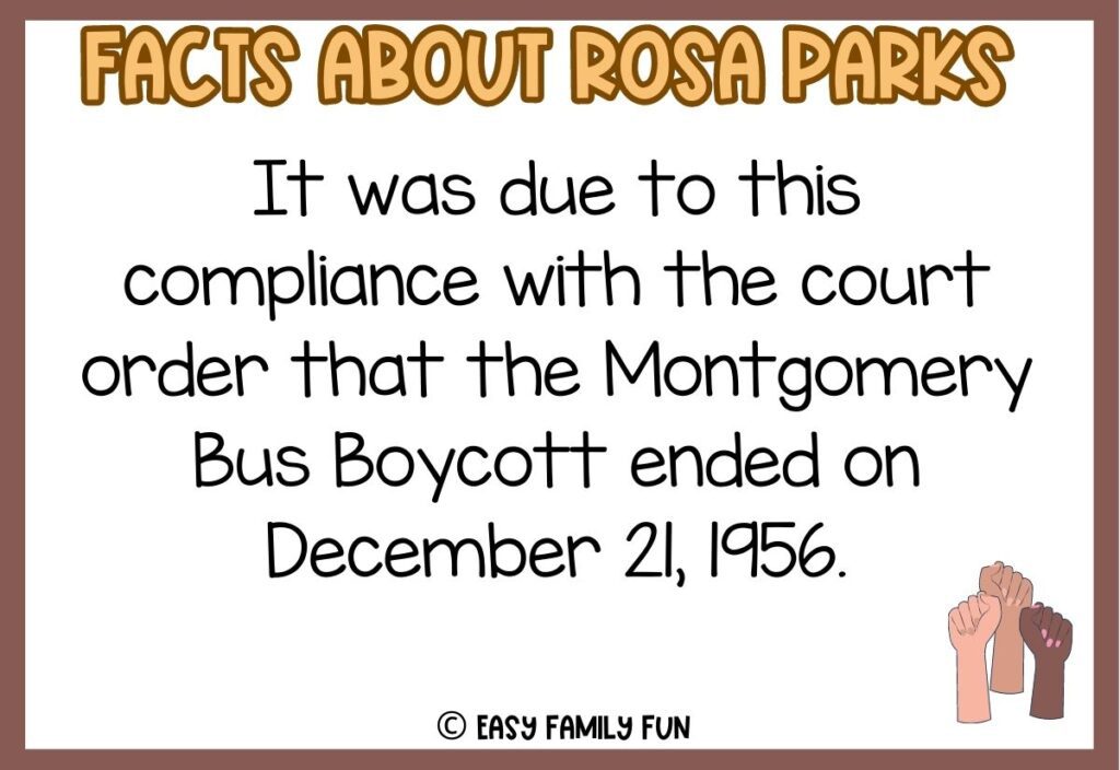 in post image with white background, brown border, yellow and brown title stating "Facts About Rosa Parks", a fact about Rosa Parks, and an image of three hands 