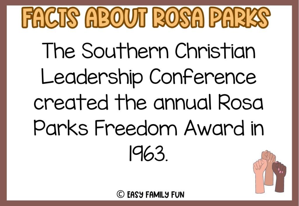 in post image with white background, brown border, yellow and brown title stating "Facts About Rosa Parks", a fact about Rosa Parks, and an image of three hands 