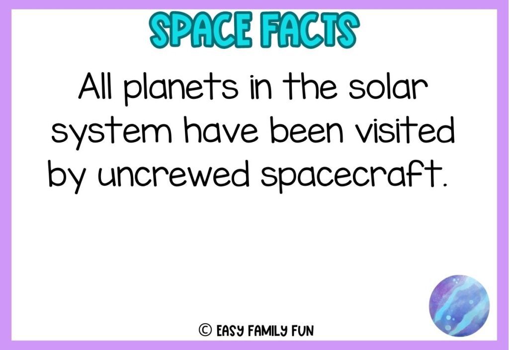 in post image with white background with purple border, bold blue title stating "space facts", image of planet, and space fact. 