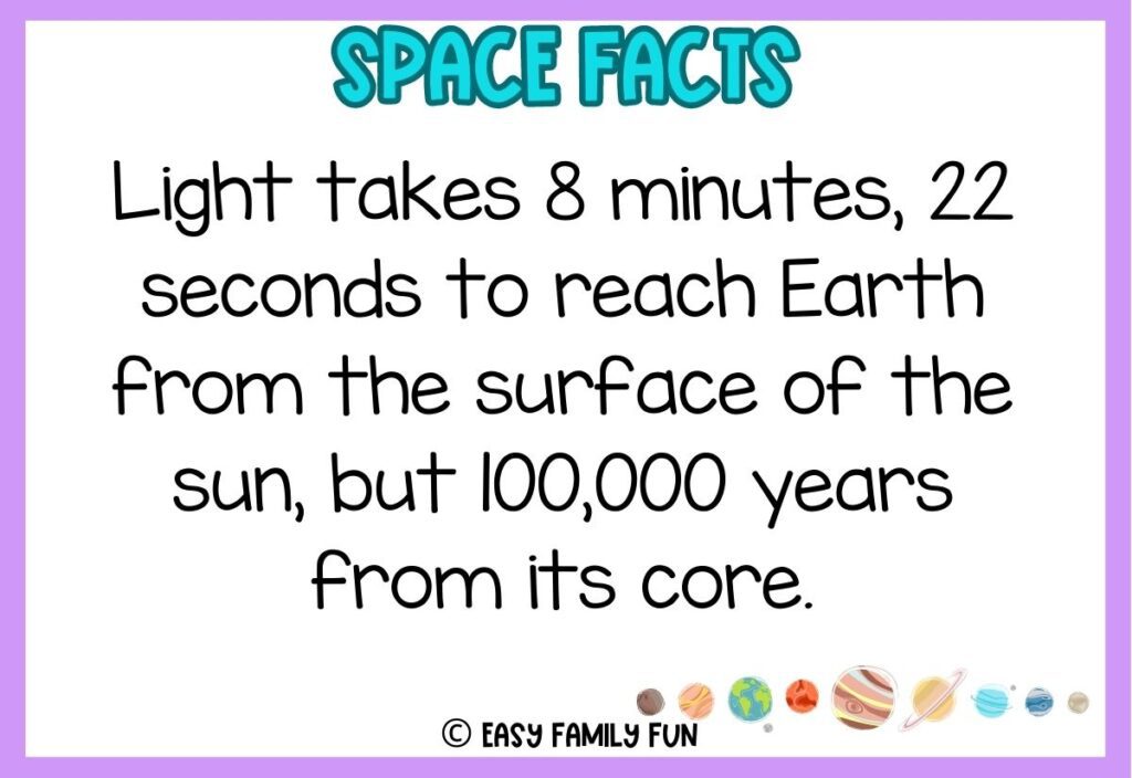 in post image with white background with purple border, bold blue title stating "space facts", image of solar system, and space fact. 